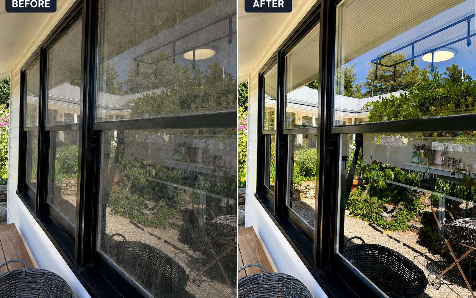 Before and after comparison of the same residential windows, showing dirty glass beside professionally cleaned glass